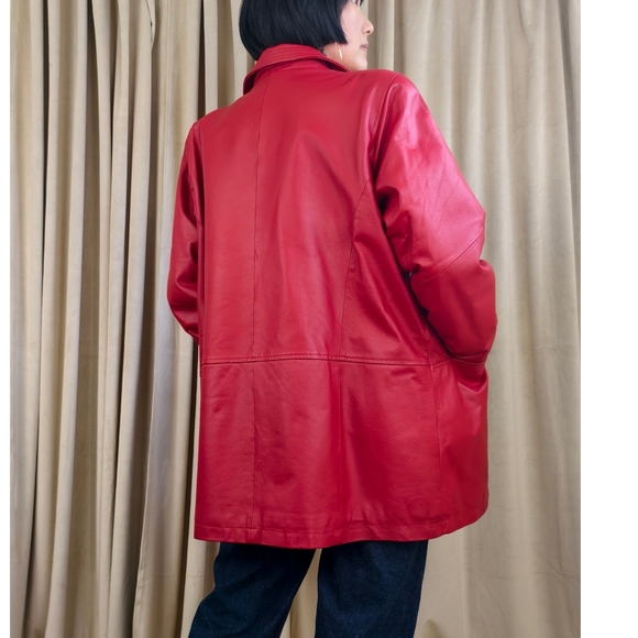 Vintage Venezia Red Genuine Leather Jacket Trench - Picture 4 of 8